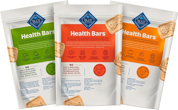 Blue Buffalo Health Bars Dog Biscuits Variety Pack (Bacon Egg Cheese, Apples & Yogurt, Pumpkin & Cinnamon) Healthy Dog Treats with No Artificial Flavors or Preservatives, 16 oz. Each (3 Bags)