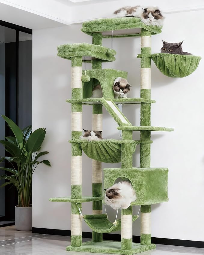 Heybly Cat Tree, 71-Inch Tall Tower for Indoor Cats with 2 Perches, 2 Big Condos, 2 Hammocks, Basket, Scratching Pad, Large Cat Furniture and Condo, Green HCT034GR
