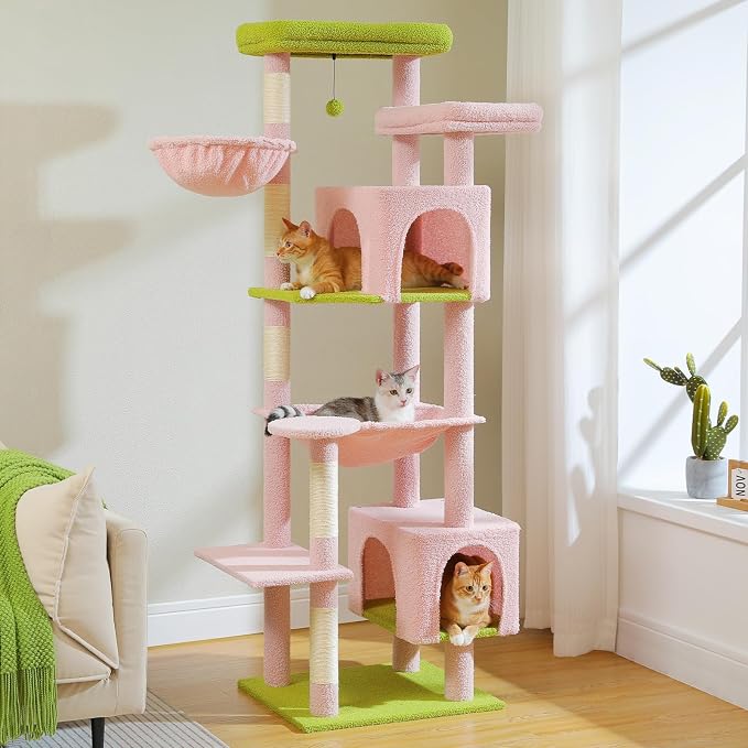 69” Tall Cat Tree for Indoor Cats Large Adult, Multi-Level Cat Tower with Scratching Post, Dual Top Perches, Big Hammock & 2 Spacious Condos, Cat Furniture for Multi-Cat Households, Pink/Green