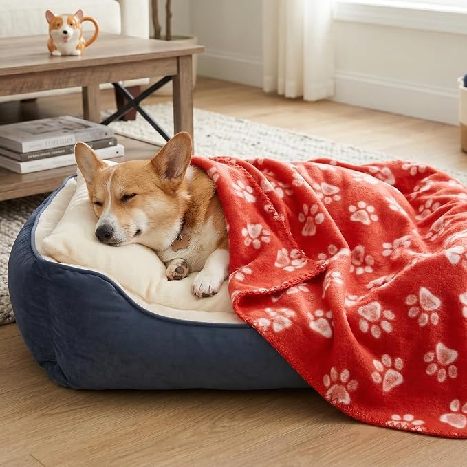 CAI TENG 3 Pack Pet Blankets for Small Dogs Dog Blanket Cat 21x30 Inch Soft Pet Fleece Blanket Warm Puppy Essentials for Bed Cute Paw Printed Throw Dog Red