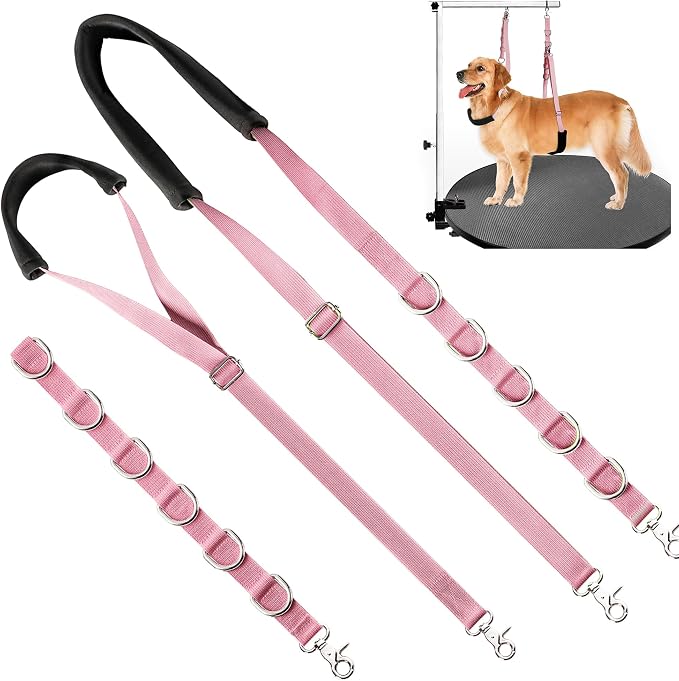 Dog Grooming Belly Strap - Dog Grooming Table Arm Extender with Clamp Extension Loop Bathing Restraint Leash No Sit Haunch Holder for Small & Medium Dogs Hair Cutting Washing (Pink)