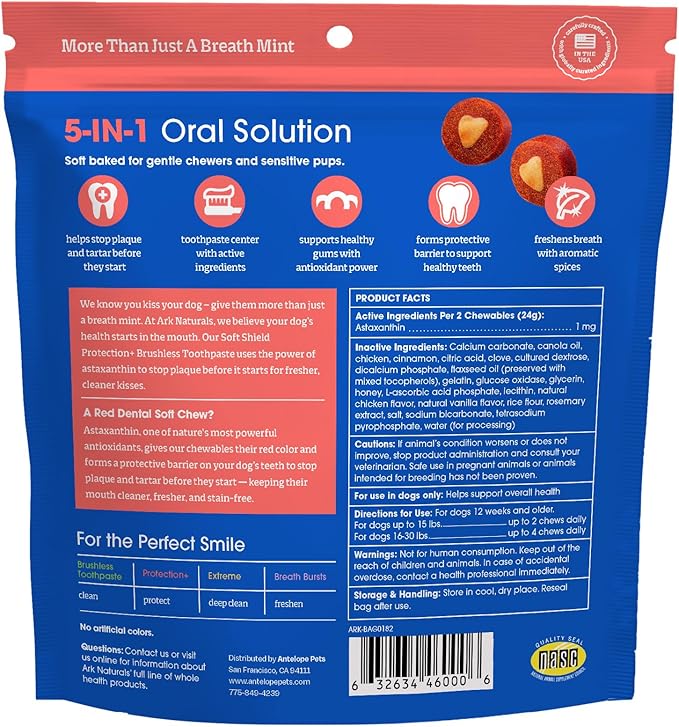 Ark Naturals Soft Shield Brushless Toothpaste – Small Breeds, 12oz Bag – Soft-Baked Dog Dental Chew with Toothpaste Center – Prevent Plaque & Tartar and Freshen Breath with Dental Chews for Dogs