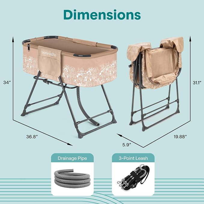 SereneLife Foldable Dog Bath Tub with Adjustable Height, 360° Access, Drain Hose & Storage Pockets – 130 lb Capacity Grooming Station for Indoor/Outdoor Use (Beige)