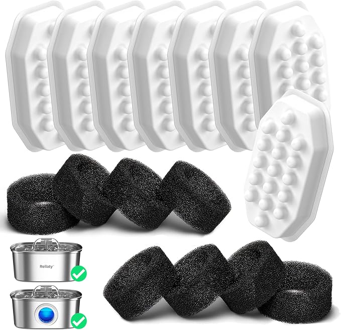 Rellaty Official Cat Water Fountain Filters Replacement & Pre-Filter Sponges for 3.2L/108oz Automatic Pet Fountain Dog Water Fountain