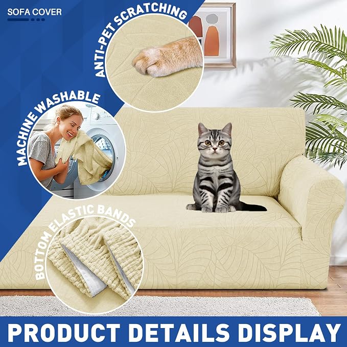 YEMYHOM Couch Cover Latest Jacquard Design High Stretch Extra Large Sofa Covers Pet Dog Cat Proof Oversized Slipcover Non Slip Magic Elastic Furniture Protector (X-Large, Begonia Leaf Beige)