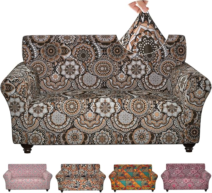 Stretch Loveseat Cover Sofa Slipcover for 2 Cushion Couch,Printed 1-Piece Sofa Cover Furniture Protector Couch with Elastic Bottom for Kids,Dog(Loveseat,A-Round Flower)