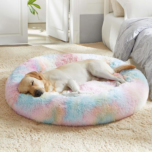 WESTERN HOME WH Calming Dog & Cat Donut Cuddler, Anti-Anxiety Warming Cozy Soft Round Bed, Fluffy Faux Fur Plush Cushion for Small Medium Dogs and Cats