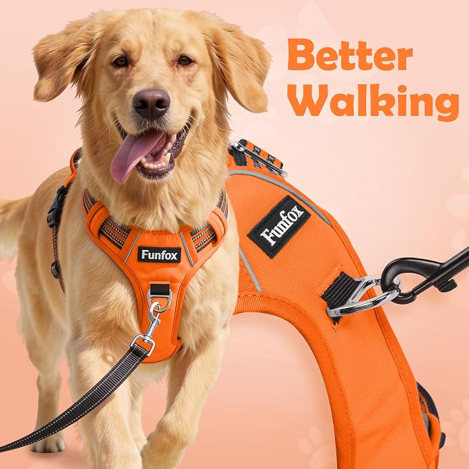Funfox Dog Harness No Pull, Adjustable Pet Vest Harness, Super Soft Material with Vertical Handle Easy Control, Reflective Night Walking, 2 Leash Clips for Large Dogs, Orange, L