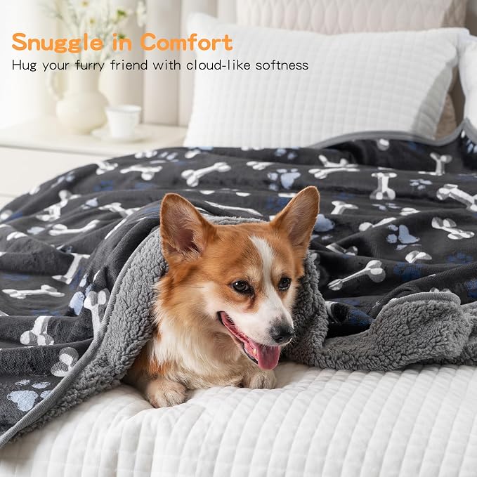 Waterproof Dog Blankets Pet Blanket 60"x80", Soft Fluffy Sofa Car Bed Protector, Reversible Sherpa Fleece Dog Blanket for Large Dogs(Navy Paws)