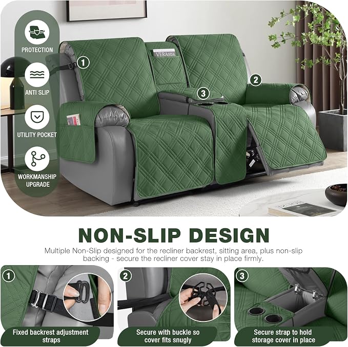TAOCOCO Loveseat Recliner Cover with Center Console, 100% Waterproof Pet Cover for Dual Recliner with Straps Design, Split Reclining Loveseat Covers Furniture Pet&Kids Protector (2 Seater, Vine Green)