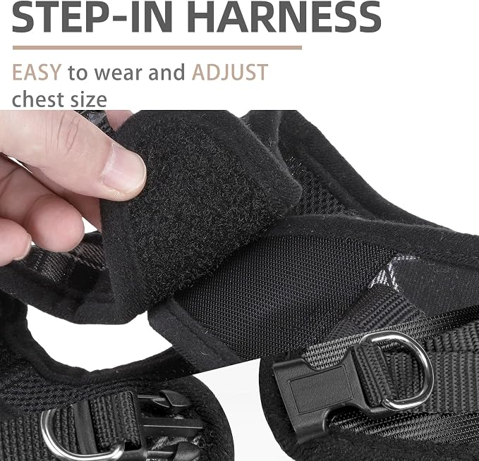 PUPTECK Adjustable Dog Harness Collar and Leash Set Step in No Pull Pet Harness for Small Medium Dogs Puppy and Cats Outdoor Walking Running, Soft Mesh Padded Reflective Vest Harnesses, Black XS