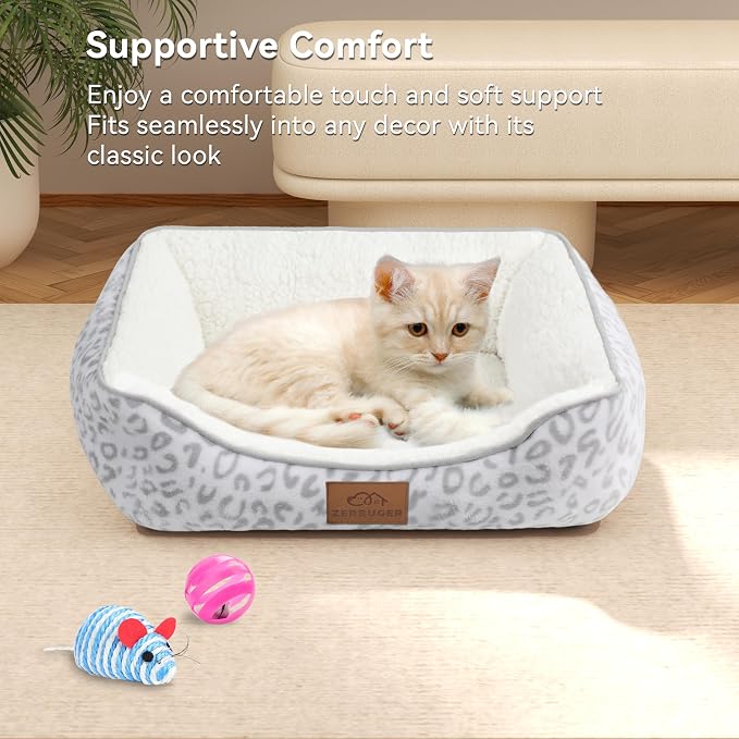 Zerbuger Rectangle Cat Dog Bed for Large Medium Small Pets Indoor Outdoor Machine Washable Sleeping Sofa Non-Slip Bottom Soft Puppy Bed Durable Orthopedic Calming Pet Cuddler (Small, White Leopard)