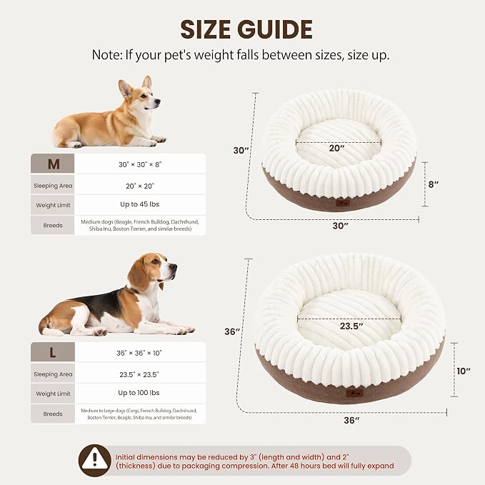 Donut Dog Bed Medium Size Dog 30 Inch, Round Cat Beds for Small Medium Dogs and Cats with Washable Fluffy Faux Fur, Cute Comfort Pet Bed with Anti-Slip Bottom, Cream
