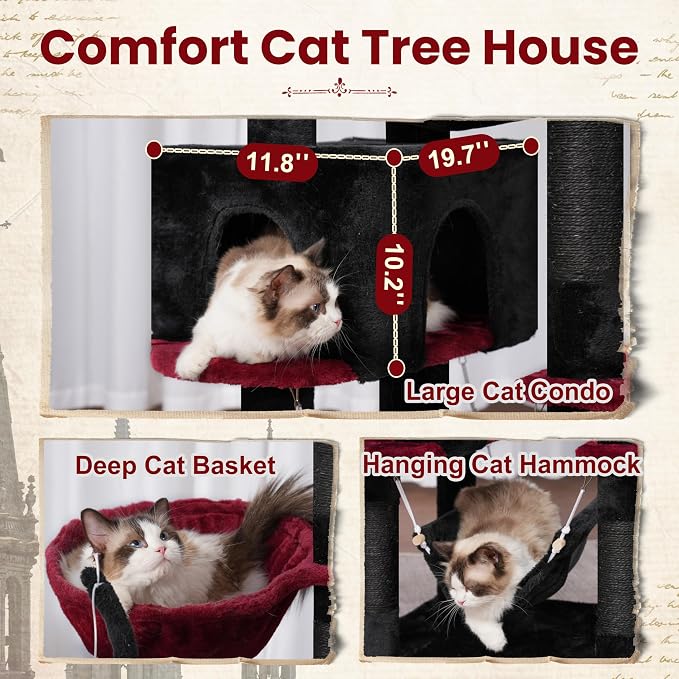 Gitelsnour Gothic Cat Tree, Cat Tower for Large Cats with 2 Big Platforms, 2 Baskets, condo and Toys, 63" Cat Scratching Posts for Indoor Cats, Black and red GCT020BR