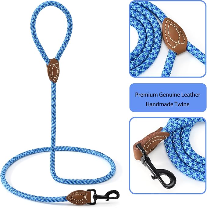 Mile High Life | Mountain Climbing Dog Rope Leash with Heavy Duty Metal Sturdy Clasp | Genuine Leather Tailored Connection with Strong Stitches (Sky Blue Hot Blue, 72 Inch (Pack of 1))