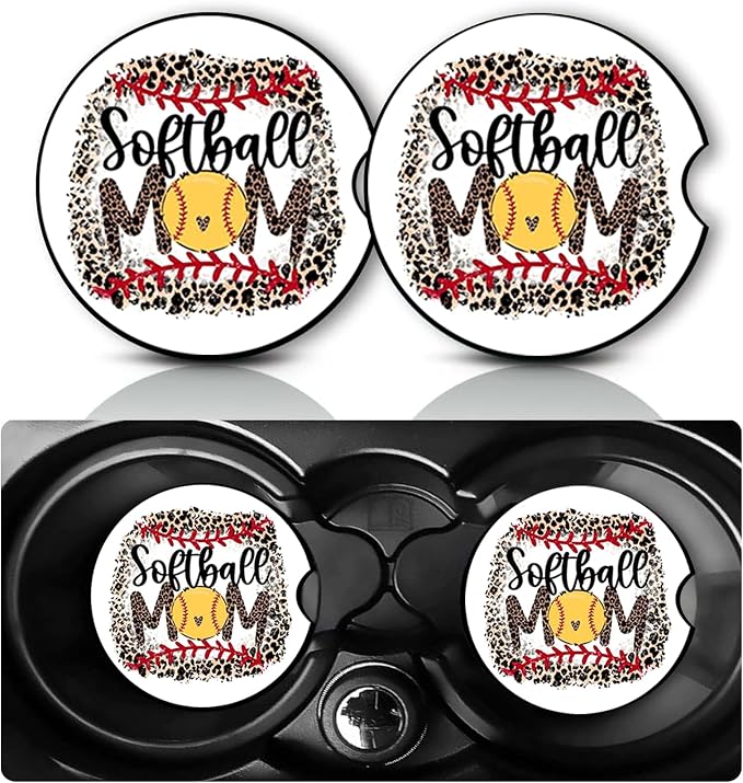 2Pack Softball Mom Car Cup Holder Coaster,Softball Gifts for Women Men,Vehicle Interior Drink Mat Reusable Neoprene Car Coasters for Cup Holders Decor,Charming Softballs Automotive Accessories
