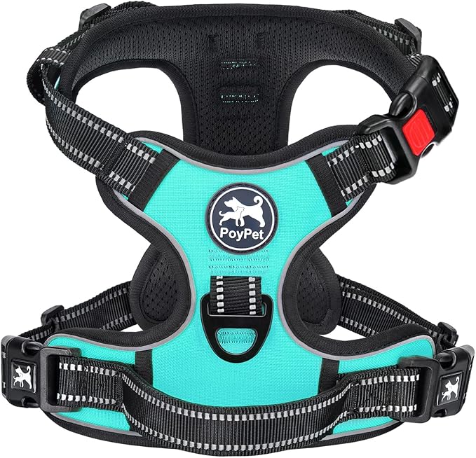 PoyPet No Pull Dog Harness, No Choke Front Clip Dog Reflective Harness, Adjustable Soft Padded Pet Vest with Easy Control Handle for Small to Large Dogs(Mint Blue,M)