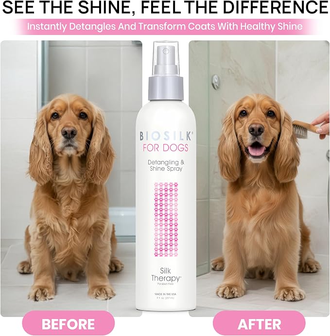 BioSilk for Dogs Silk Therapy Detangling and Shine Protecting Spray, pH Balanced Leave-in Mist with Silk and Vitamins for Dematting, Paraben-Free, All Coats and Breeds, 8 Fl Oz - 2 Pack