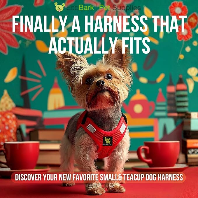 EcoBark Small Dog Harness for Toy Breed Dogs & Puppies - No Pull Soft Luxury Mesh - Step in Harness Halter Vest - Cute Adjustable Little Halter Body Wrap 7-10 lbs (Red, Small)