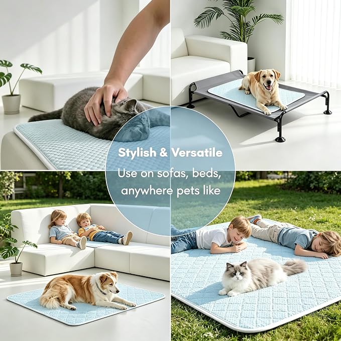 Pet Cooling Mat Scratch Resistant QMAX>0.5 Instant 6-12°F Drop, No Water or Electricity Needed Self Cooling Crate Mat for Bed, Floor, Car Travel Indoor Outdoor Summer Use Light Blue 36" x 24"