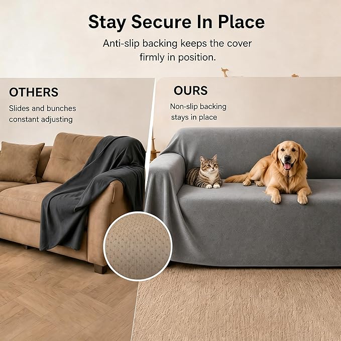 LOllON Velvet Couch Cover for Cats Dogs Kids - 100% Waterproof Cat Scratch Resistant Sofa Cover, Non-Slip Washable Furniture Protector,Ultra Soft Pet-Friendly Slipcover for 3-Seat Sofa 118"x71" Grey