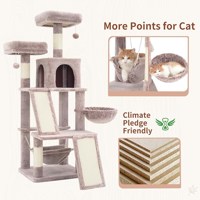 Gitelsnour Multi-Level Cat Tree for Indoor Cats, Cat Tower with 2 Scratching Boards, 2 Plush Padding Platforms, Cat Condo House with Hammock, Basket, Muchroom GCT022MU