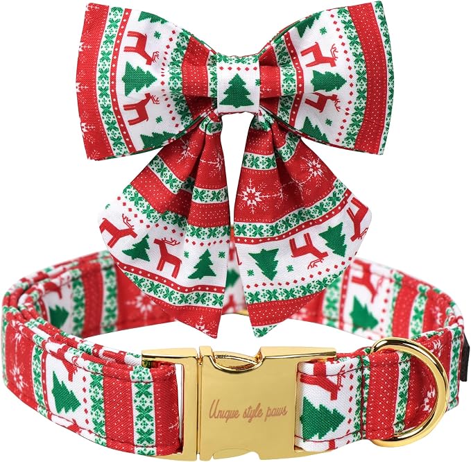 Unique Style Paws Christmas Day Dog Collar with Bowtie Christmas Tree Cotton Puppy Collars for Small Medium Large Dogs