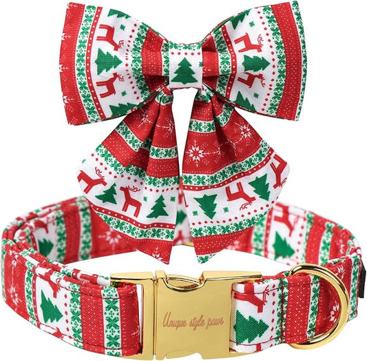Unique Style Paws Christmas Day Dog Collar with Bowtie Christmas Tree Cotton Puppy Collars for Small Medium Large Dogs