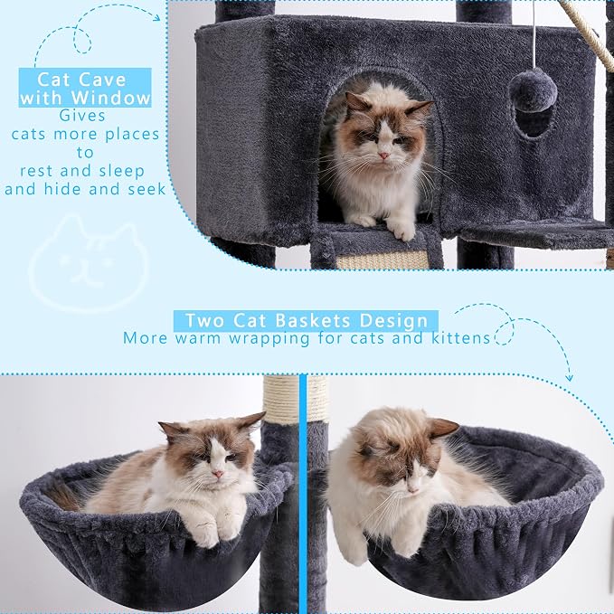 Hey-brother Cat Tree, 98.4-110.2 Inches Floor to Ceiling Cat Tree-Adjustable Height, Tall Cat Climbing Tower for Cats Large Adult with Scratching Post, Cat cando, Smoky Gray 0MPJ091G