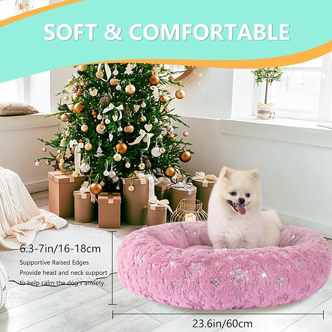 23 Inch Christmas Snowflakes Calming Dog Bed for Small Dogs Cats, Kitty Puppy Round Anti-Anxiety Warm Bed, Soft Cozy Anti-Slip Donut Washable Pet Bed, Fits up to 30 lbs Pets