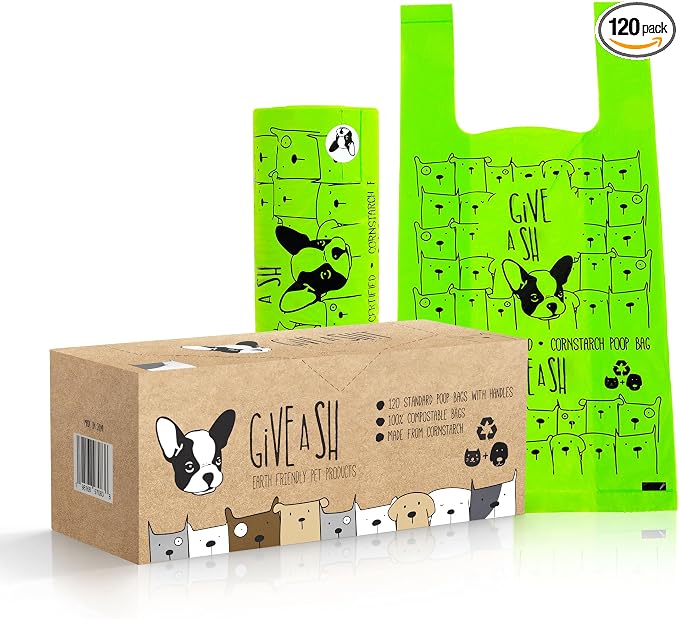 Certified Home Compostable Dog Poop Bags with Handles - 10% to Charity - ASTM D6400 & EN 13432 Compliant - 120 x Large Plant Based Compostable Poop Bags (1 Pantry Roll)