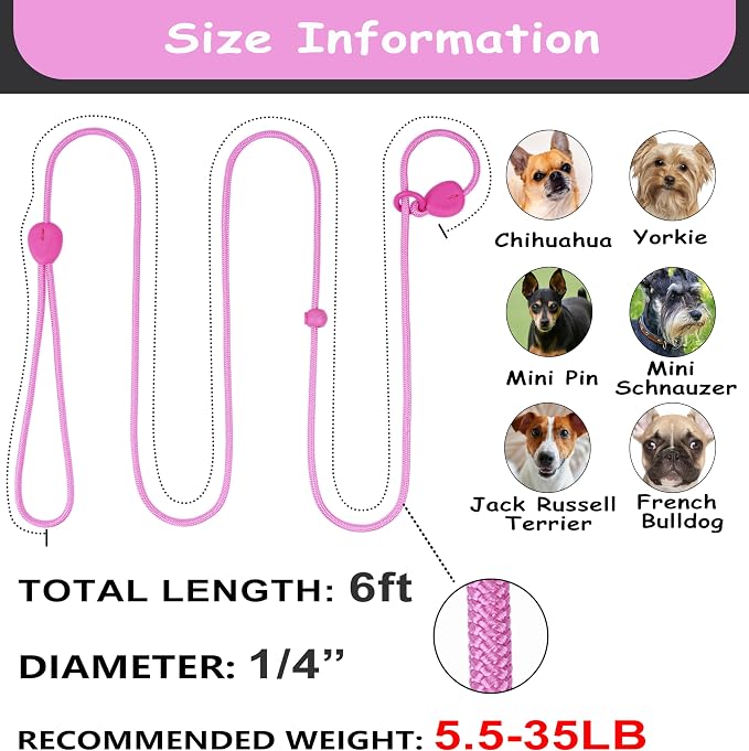 6FT Dog Training Leash - Slip Lead for Small & Medium Dogs - Strong, Lightweight, No Pull - Comfortable Loop (D-Pink, 6FT)