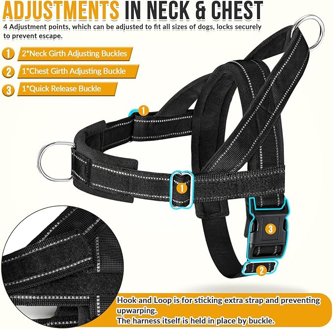 Lukovee No Pull Dog Harness and Leash Set - Adjustable Soft Padded Vest with Front Clip for Easy Control, Reflective Durable Harness for Safe Daily Training Walking for Medium Large Dogs (XL, Black)