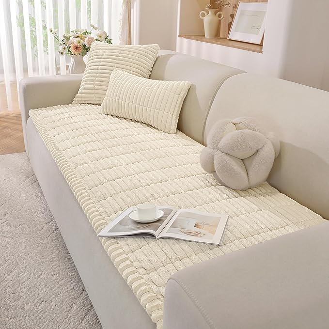 Fuzzy Sofa Headrest Covers for Dogs Washable, Thick Couch Covers for 3 Cushion Sofa Pet Friendly, Non Slip Plush Dog Couch Cover for for Sectional, Loveseat (Beige, 27.6" x 35.4")