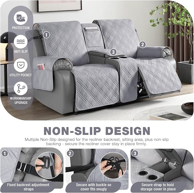 TAOCOCO Recliner Covers with Center Console, Waterproof Recliner Loveseat Cover for Dogs Split Reclining Loveseat Cover Washable Furniture Protector with Elastic Straps (2 Seater, Light Grey)