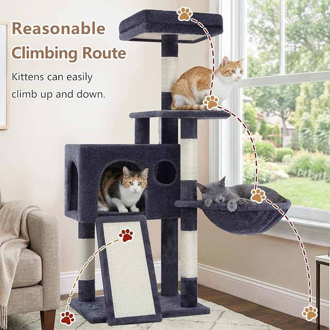 Gitelsnour Cat Tree, 42.1" Cat Tower for Indoor Kittens with Scratching Board and Posts, Multi-Level Cozy Cat Condo with 2 Perches, Hammock, Balls, Smoky Gray GCT005SG