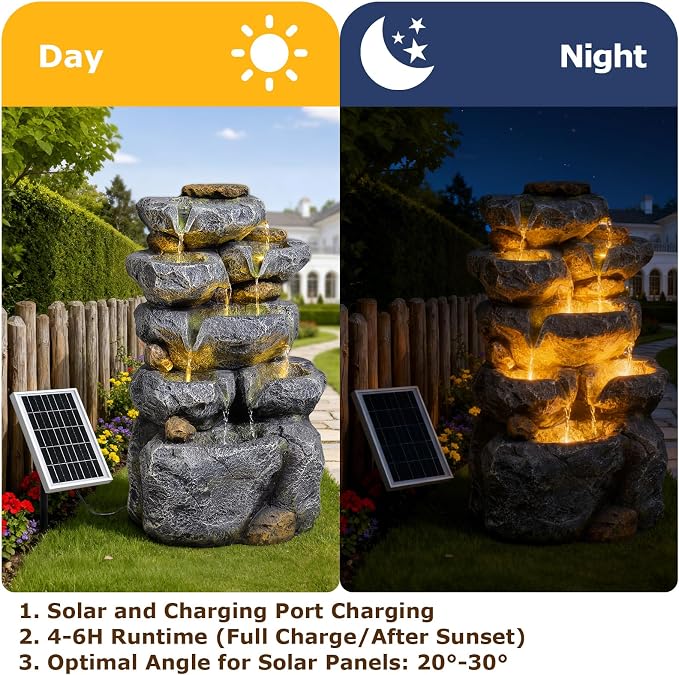 5 Tiered Solar Powered Water Fountain, Solar Water Fountain Outdoor Garden Cascading Rock Water Fall Fountains Outside with Lights for Backyard, Patio, Deck, Porch, 24" H x 13.39" L x 9.6" W
