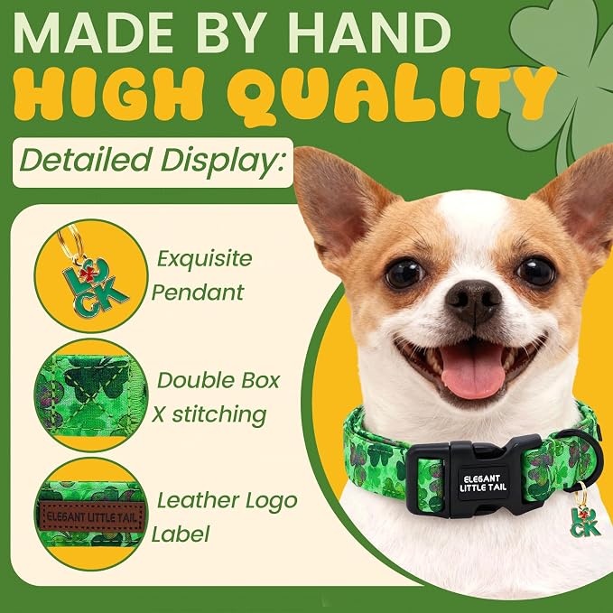 Elegant little tail St Patrick's Dog Collar - Green Cute Clover Cotton Shamrock Pet Collar Trefoil Adjustable Cotton Pet Collar with Quick Release Buckle for Large Dogs