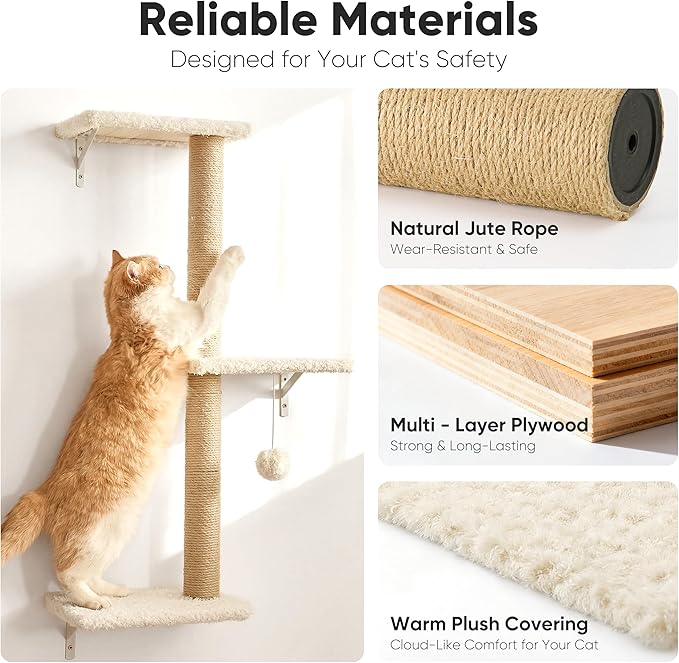FUKUMARU Cat Wall Shelves, Stable & Safe 5 in 1 Cat Walls Furniture Set, Wooden Kitten Climbing Wall with Scratching Post for 16 Inch Drywall - Beige