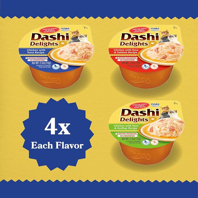 INABA Dashi Delights for Cats, Shredded Tuna Side Dish with Bonito Flake Broth, Cat Food Complement with Taurine & Green Tea Extract, 2.5 Ounce Cup, 12 Cups Total, Tuna Variety