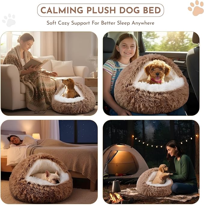 Calming Plush Dog Bed, Hooded Cave Style, PP Cotton Filling, for Small and Medium Pets (Brown, Small)