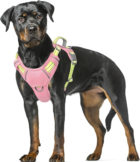 BARKBAY No Pull Dog Harness Large Reflective Dog Harness with Front Clip and Easy Control Handle for Walking Training Running with ID tag Pocket(Baby Pink & Sunlight,XL)