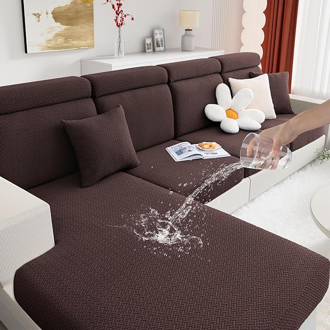 hyha Waterproof Sectional Couch Cushion Covers, Wear Resistant Sofa Slipcovers Washable, Anti Slip L Shape Couch Covers for Sectional Sofa, Furniture Protector for Pets (1 Piece Chaise, Chocolate)