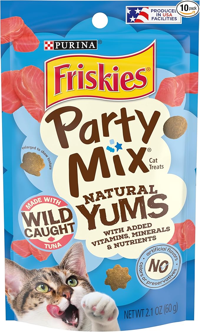 Purina Friskies Natural Cat Treats, Party Mix Natural Yums With Wild Tuna - (Pack of 10) 2.1 oz. Pouches