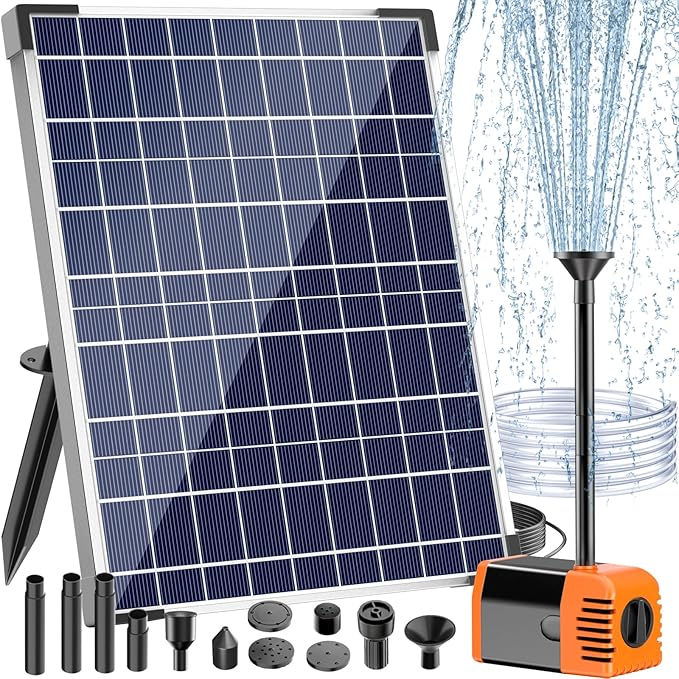 Antfraer 25W Solar Pond Pump, Solar Water Fountain Pump with 320GPH Adjustable Flow, Solar Water Pump with 7 Nozzles, 6.6ft Tubing, Dry Run Protection for Garden, Ponds, Waterfall, Fountain