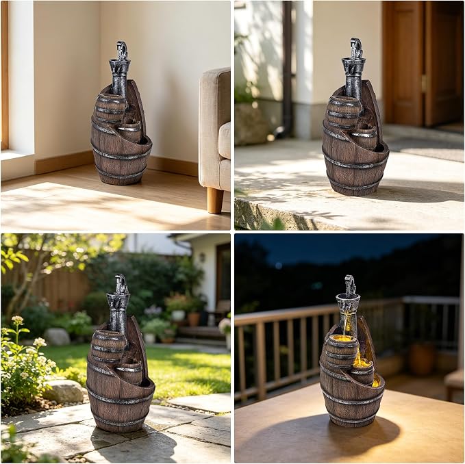 Solarbloom 21.7" H Garden Fountains, Farmhouse Outdoor Water Fountain with LED Lights, Rustic Pump and Barrel, for Patio Garden Backyard Deck Decor