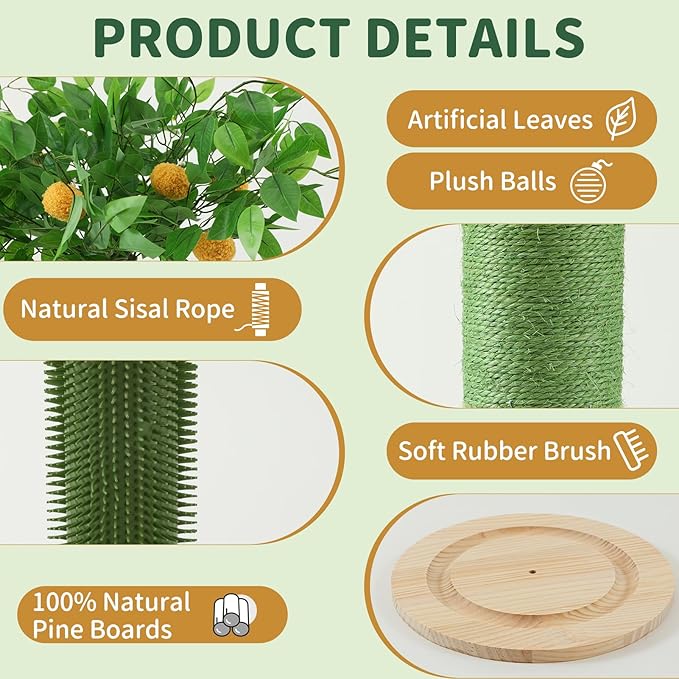 Cat Scratching Post, 45 Inch Tall Cat Scratcher Tree for Indoor Cats Adults with Natural Sisal Rope, Large Scratching Posts with Rubber Brush, 3-Layer Solid Wood Base and Balls Track Toy