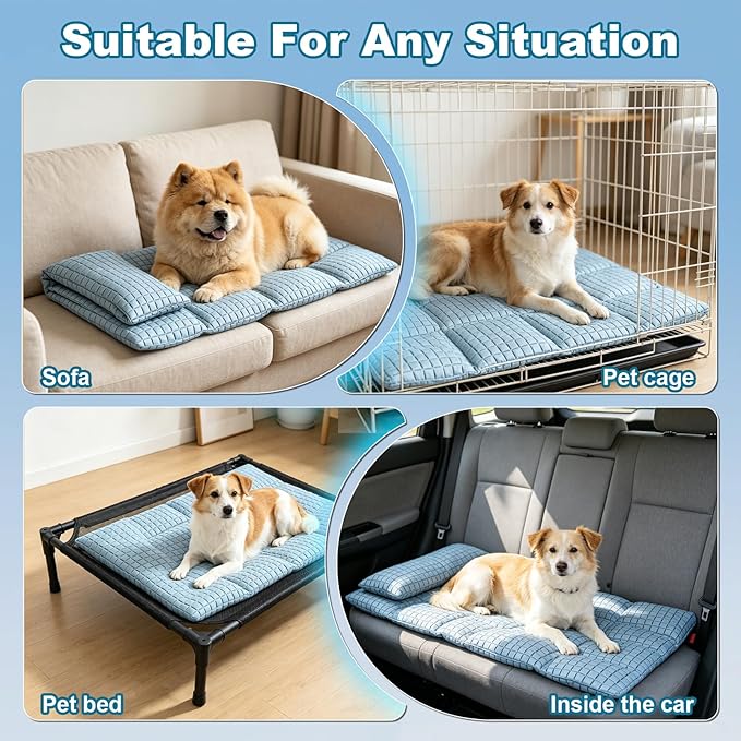 GOLOPET Extra Large Dog Cooling Mat with Pillow, 47x30in | Polymer Ice Silk Fabric,Upgrade The Heat Dissipation Structure,Soft PP Cotton Filling Material