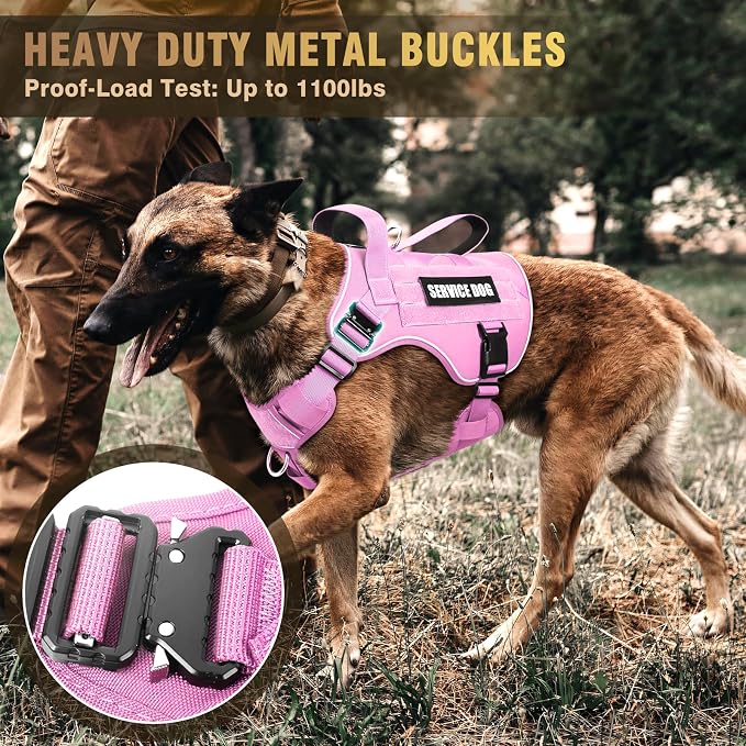 WINSEE Tactical Dog Harness for Large Dog, Heavy Duty Service Dog MOLLE Vest with 10 Pet Patches, No Pull Military Working Vest for Training Hunting Walking