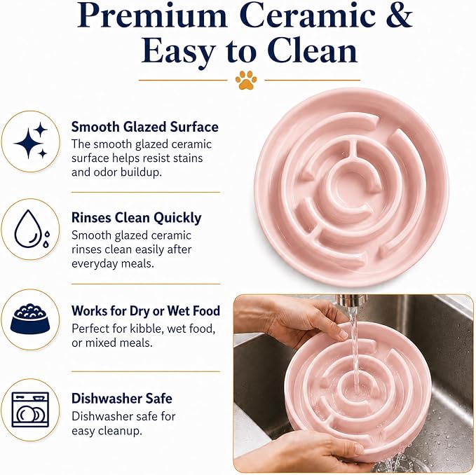 Ceramic Slow Feeder Dog Bowls with Anti-Slip, Slow Feeder & Non-Slip Design, Boredom and Anxiety Reducer, Suitable for All Breed Dogs and Cat (Ceramic-Pink)